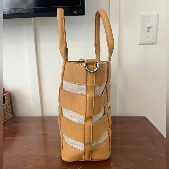 Miztique Tan Natural Faux Leather Canvas Stripe Tote Handbag Purse no long strap - Picture 3 of 8